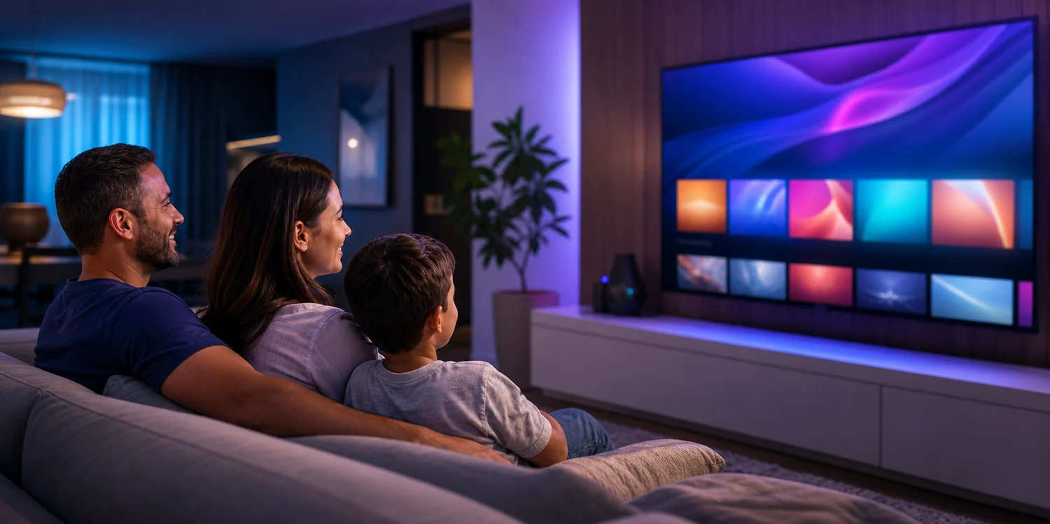 Família reunida assistindo televisão na sala